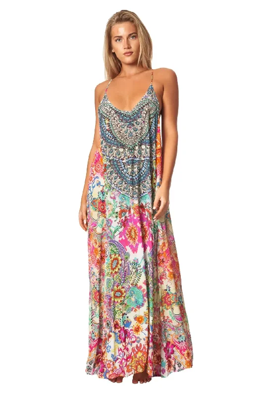 Eden Garden Bohemian T-back Maxi Dress with Front Pockets Classic Black Maxi Dress
