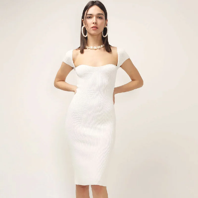 BerryBetty - Sweetheart Neck Cap Sleeve Ribbed Knit Bodycon Midi Dress - White Fashionable Chiffon Midi Dress BerryBetty - Sweetheart Neck Cap Sleeve Ribbed Knit Bodycon Midi Dress - White Fashionable Chiffon Midi Dress