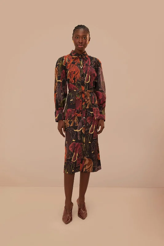 Brown Elephants Long Sleeve Midi Dress Fashionable Shift Midi Dress
