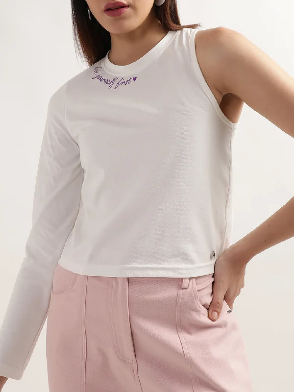 Elle Women Off White Solid Round Neck TShirt Casual Oversized Short Shirt
