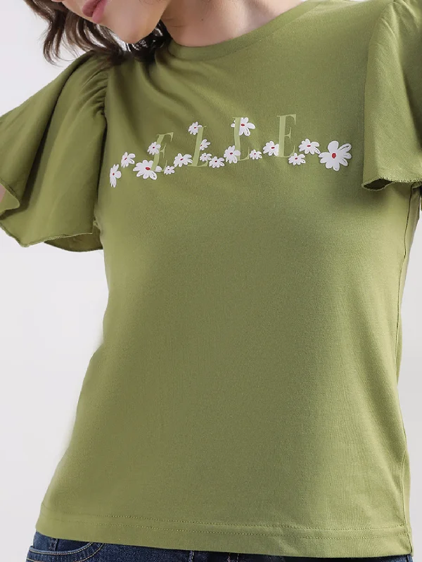 Elle Women Green Solid Round Neck TShirt Trendy Button-Front Short Sleeve