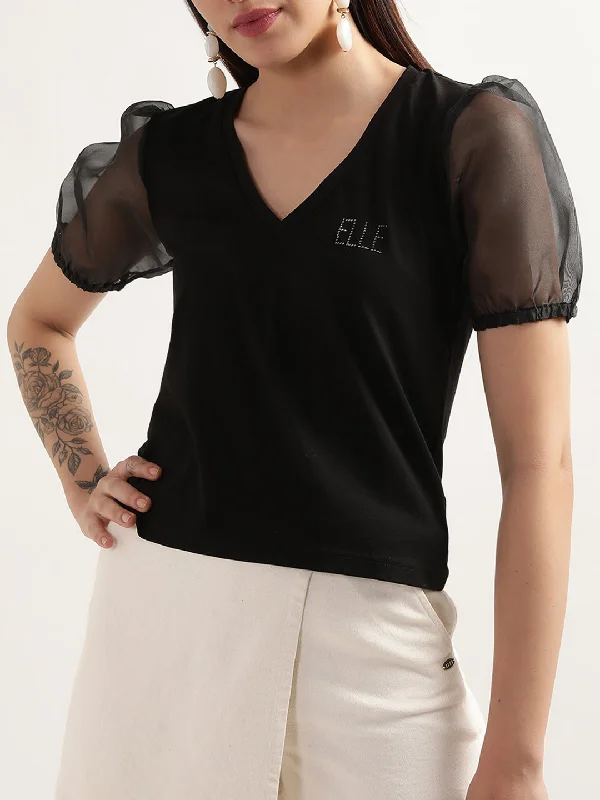 Elle Women Black Solid V Neck TShirt Elegant Lace-Trimmed Short Shirt