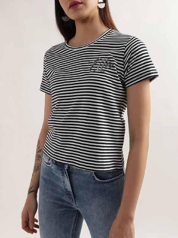 Elle Women Black Striped Round Neck TShirt Casual Short Sleeve Top