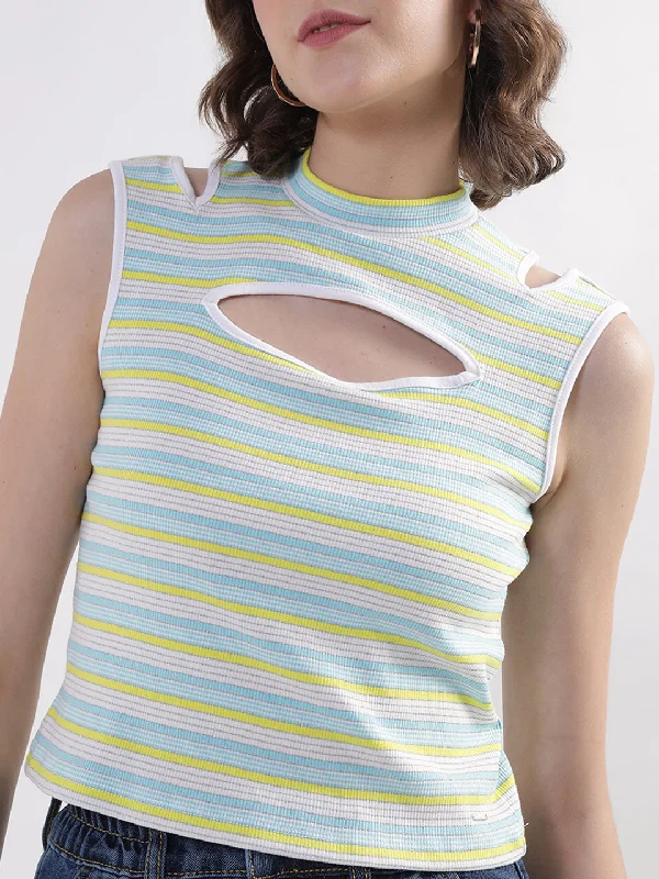 Elle Women Multi Striped Round Neck TShirt Relaxed Fit Short Blouse