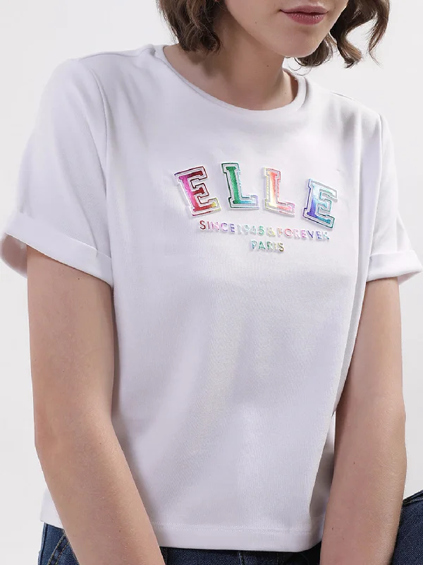 Elle Women White Solid Round Neck TShirt Stylish Printed Short Shirt