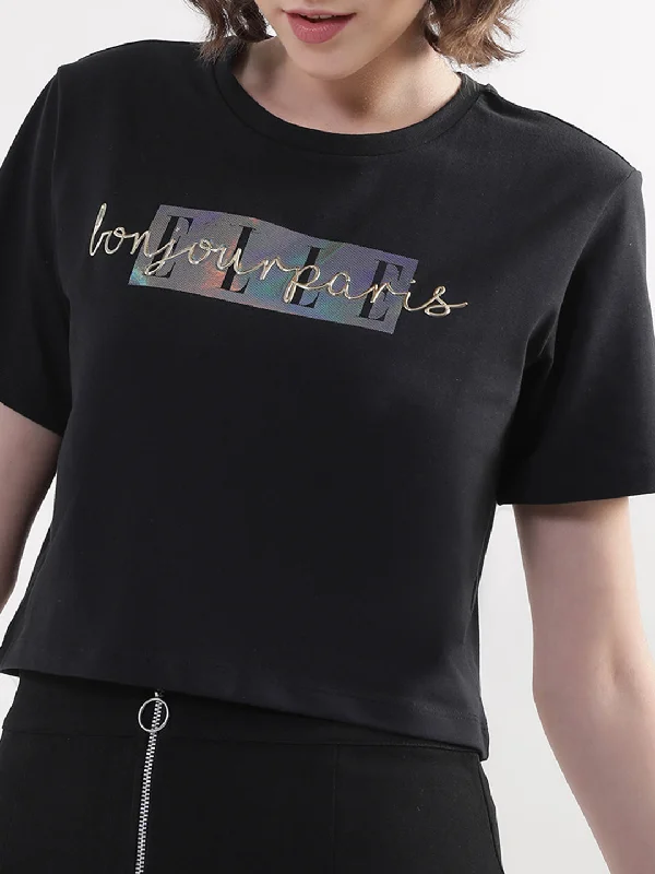 Elle Women Black Solid Round Neck TShirt Elegant High-Low Short Shirt