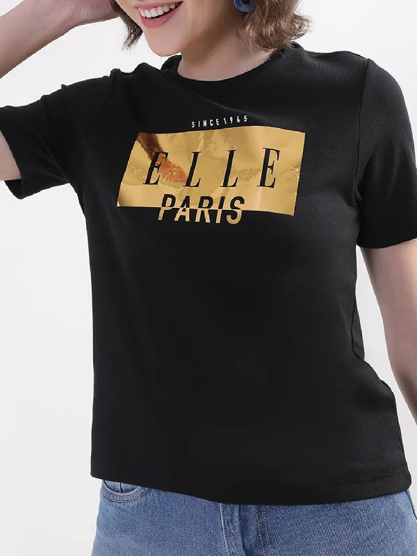 Elle Women Black Solid Round Neck TShirt Modern Short Sleeve Top