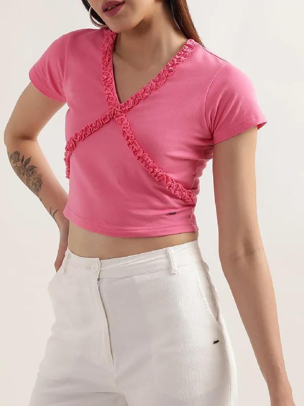 Elle Women Peach Solid V Neck TShirt Casual Ruffle Short Shirt
