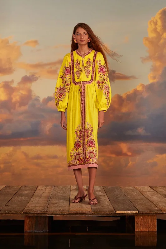 Yellow Embroidered Garden Tapestry Midi Dress Elegant Sleeveless Midi Dress