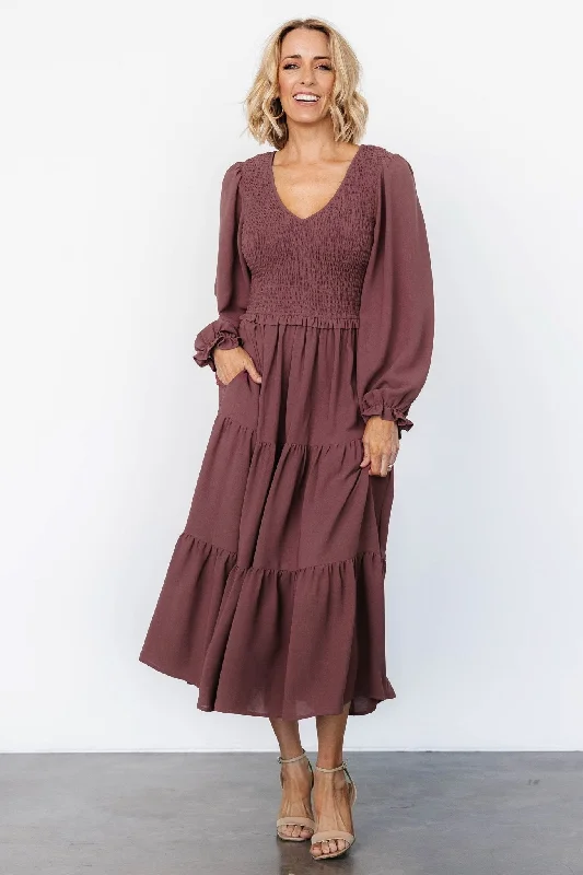 Endsley Smocked Midi Dress | Mauve Comfortable Fit-and-Flare Midi Dress