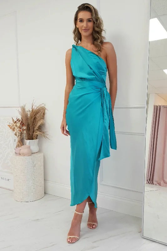 Estelle One Shoulder Satin Midi Dress | Aqua Elegant Velvet Midi Dress