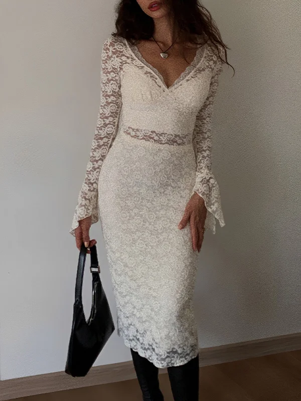 BerryBetty - Floral Lace Long Sleeve Plunge Midi Dress Fashionable Fitted Midi Dress BerryBetty - Floral Lace Long Sleeve Plunge Midi Dress Fashionable Fitted Midi Dress