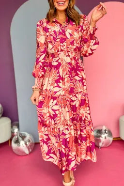 Floral Print Buttoned Smocked Maxi Dress Trendy V-Neck Maxi Dress