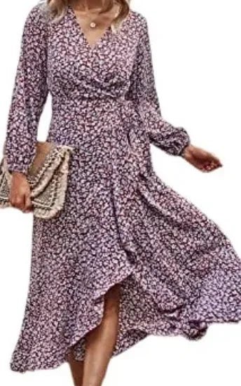 Floral Print Elegant Casual V-Neck Sun Midi Dresses Comfortable Ruched Midi Dress