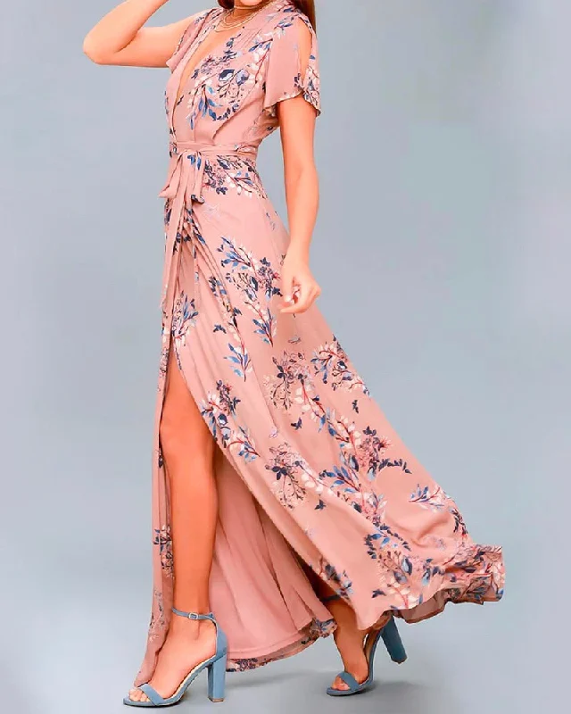 Floral Print Surplice Maxi Dress in Mauve Cozy Maxi Dress with Slit