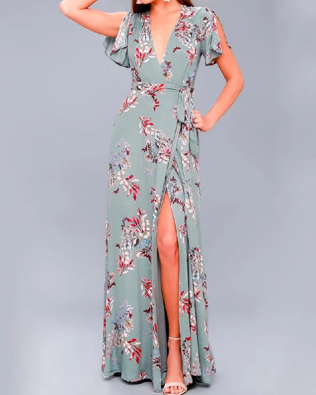 Floral Print Surplice Maxi Dress in Sage Elegant Silk Maxi Dress
