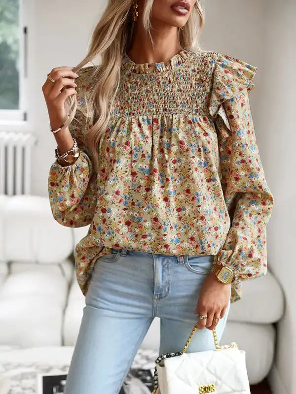 Floral Shirt Femininity Commuter Long Sleeve blouse Stylish Round Neck Shirt