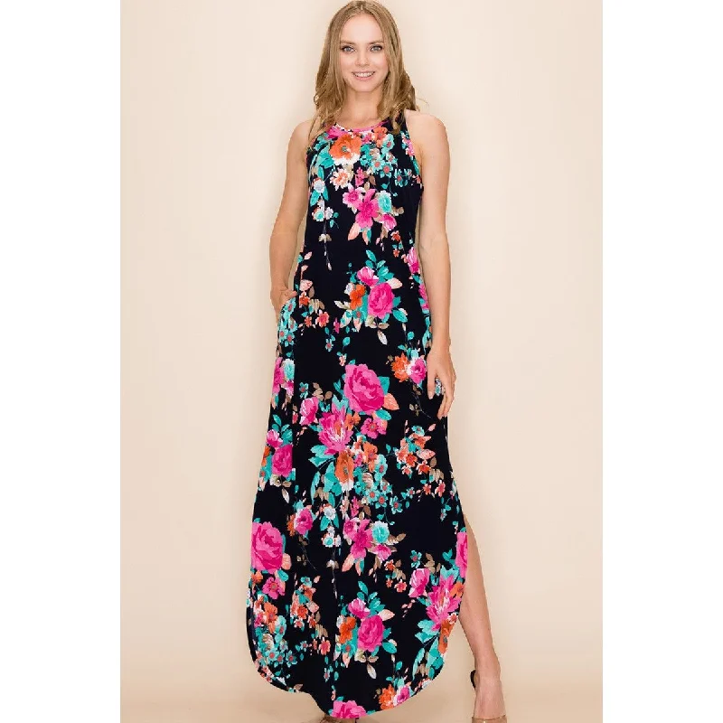 Floral Summer Sleeveless Maxi Dress with Slit Comfortable Cotton Maxi Dress