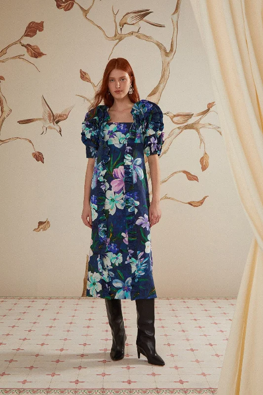 Floraline Ruffle Short Sleeve Midi Dress Trendy Flared Sleeve Midi Dress