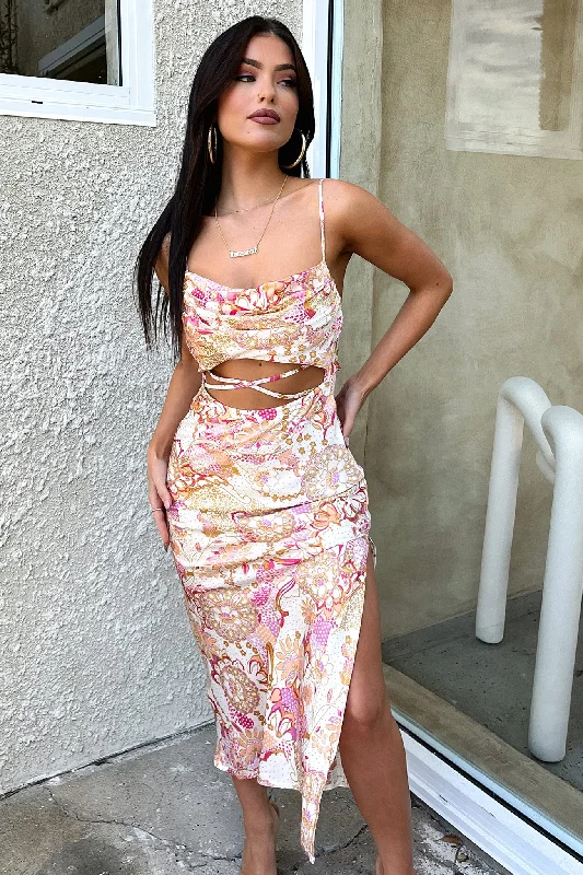 Florence Midi Dress - Pink Floral Stylish Midi Dress with Cuffs