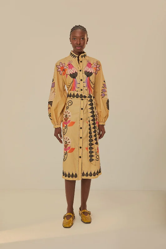Khaki Flower Bird Embroidered Midi Dress Comfortable Denim Midi Dress
