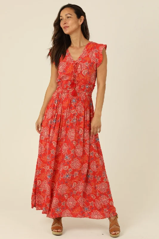 Flutter Sleeve Elastic Waist Maxi Dress Trendy Maxi Dress with Lace
