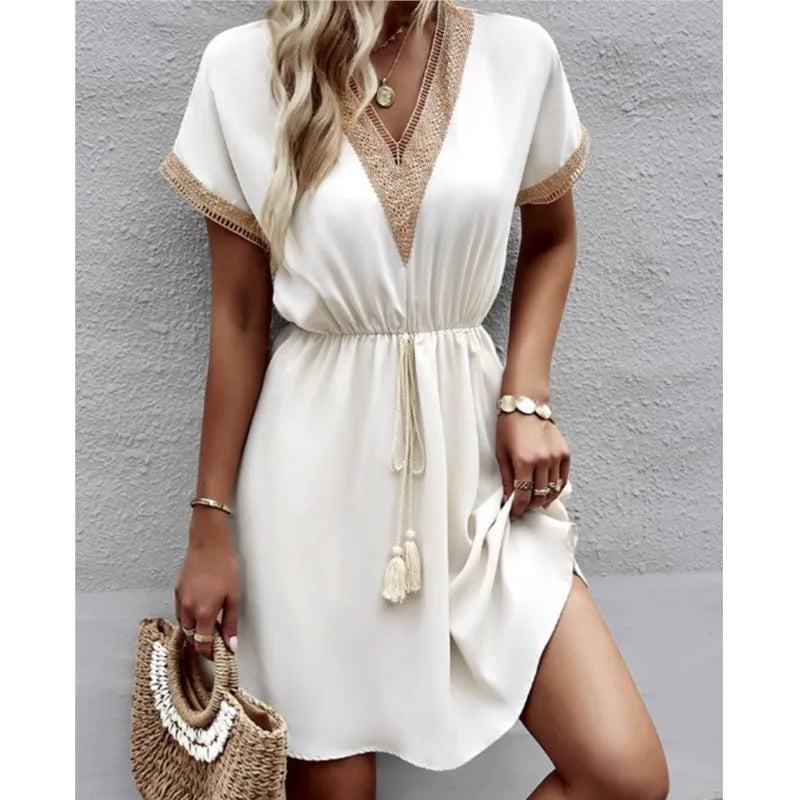 Fresh Sweet Solid Short Lace V-Neck Waist Panel Skirt Midi Dresses Chic Lace Detail Midi Dress Fresh Sweet Solid Short Lace V-Neck Waist Panel Skirt Midi Dresses Chic Lace Detail Midi Dress