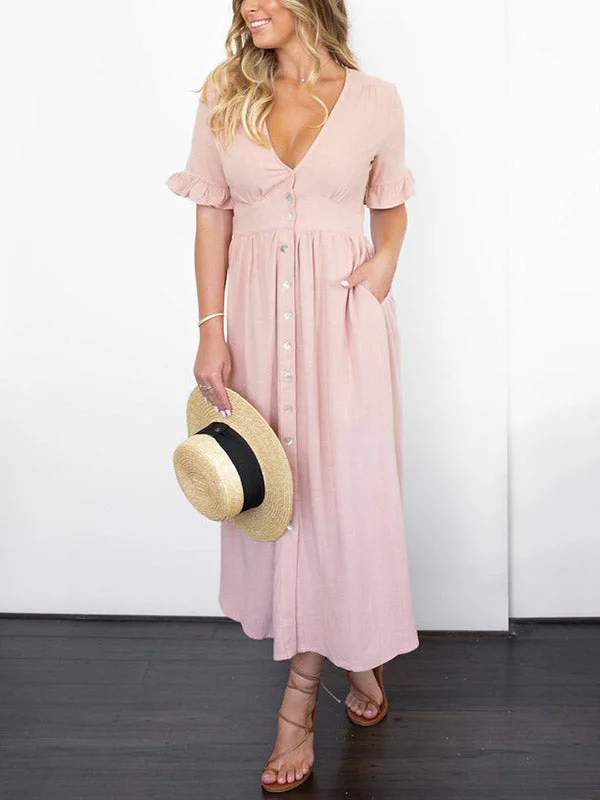 BerryBetty - Frill Trim Button Up Midi Dress Trendy Floral Wrap Midi Dress