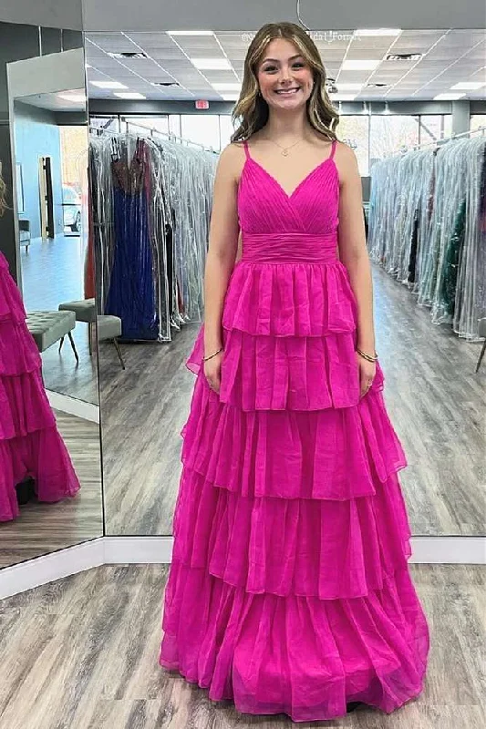 Fuchsia V-Neck Chiffon Maxi Dress with Straps Elegant Maxi Dress with Ruffles