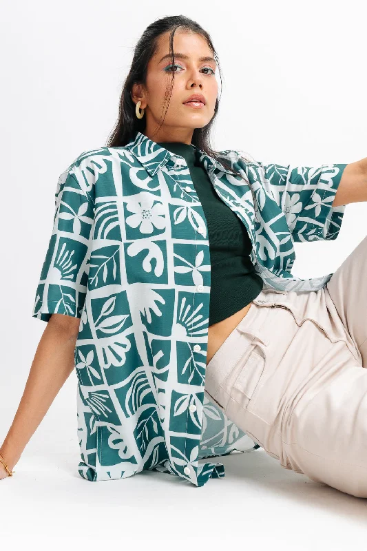 Full Bloom Print Women's Resort Shirt Cozy Linen Short Shirt