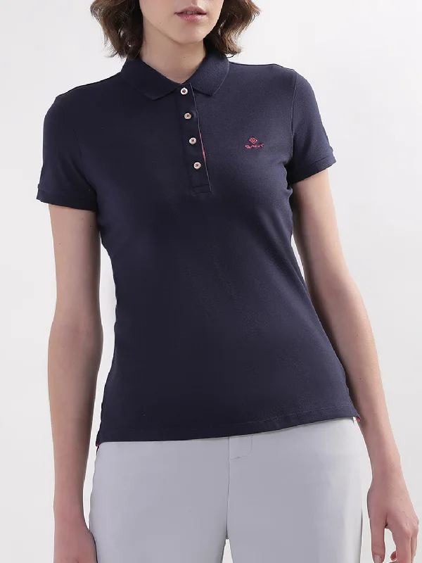 Gant Women Blue Solid Polo TShirt Relaxed Cotton Short Blouse