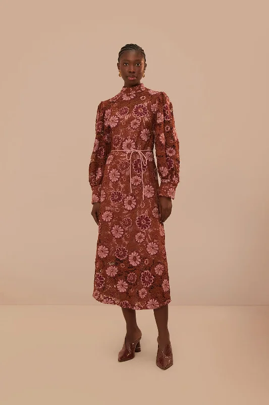 Brown Gigi Tapestry Guipure Midi Dress Cozy Ribbed Knit Midi Dress
