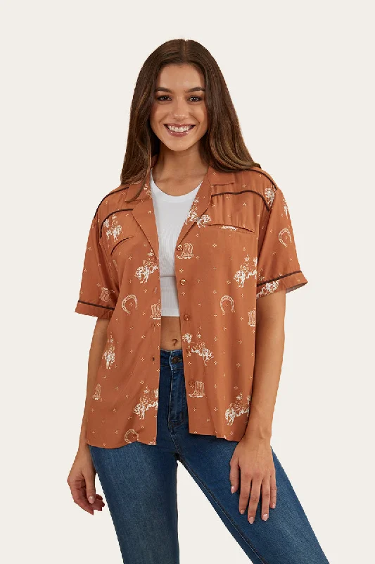 Gillian Womens Shirt - Copper Trendy Floral Short Sleeve