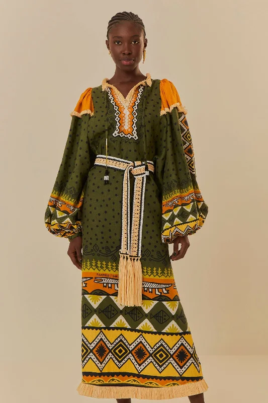 Green Creation Long Sleeve Midi Dress Stylish Button-Up Midi Dress