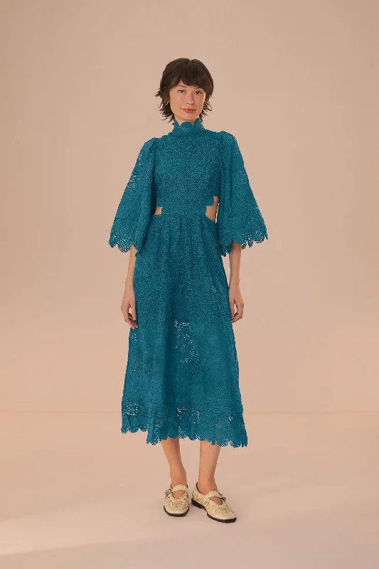 Green Guipire Cut-Out Midi Dress Trendy Off-Shoulder Ruffle Midi Dress