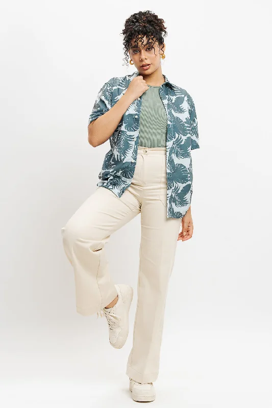Green Palm Print Women's Resort Shirt Cozy Summer Short Shirt