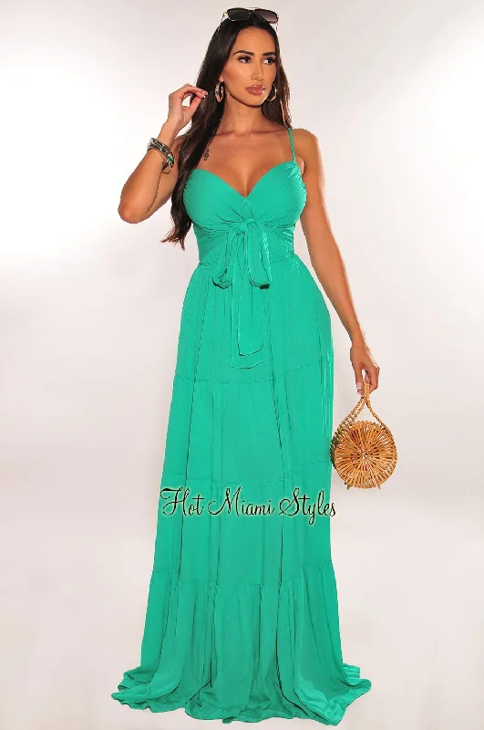 Green Spaghetti Strap Linen Tie Up Ruffle Maxi Dress Comfortable Ruffle Maxi Dress