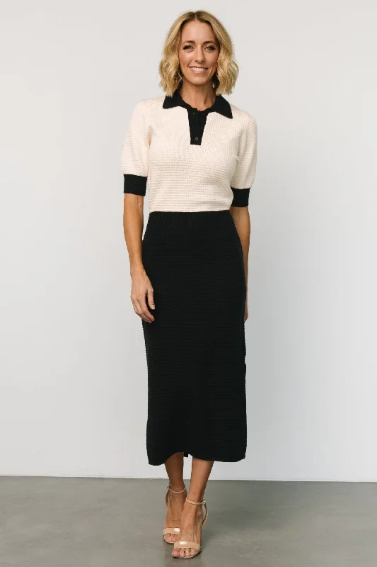 Gwendolyn Collared Midi Dress | Navy + Cream Trendy Mock Neck Midi Dress