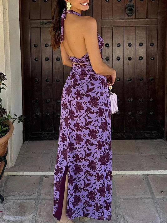 Halter Backless Hollow Out Print Maxi Dress Comfortable Pleated Maxi Dress