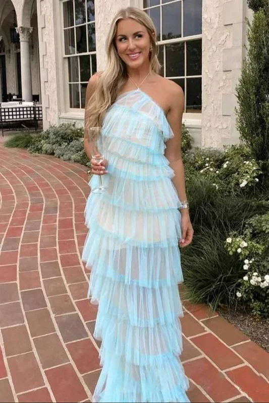 Halter Straps Spas Blue Layered Maxi Dress with Slit Cozy Maxi Dress with Slit