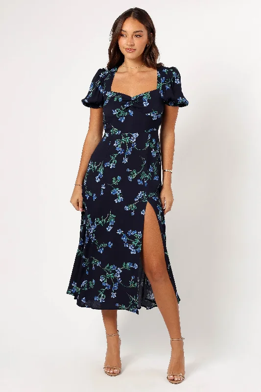 Hendrix Midi Dress - Midnight Blues Trendy Ruffled Sleeve Midi Dress