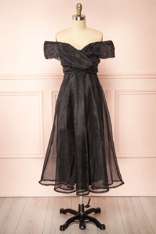 Holly Black | Off-Shoulder Organza Midi Dress Elegant Satin Slip Midi Dress