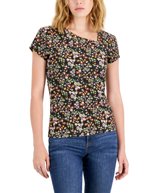 INC International Concepts Womens Floral Ribbed Asymmetrical Neck T-Shirt