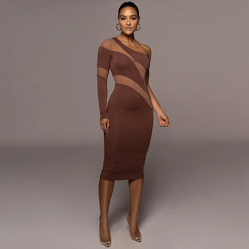 Jill Mesh See Through Patchwork Midi Dress Trendy Fit-and-Flare Midi Dress