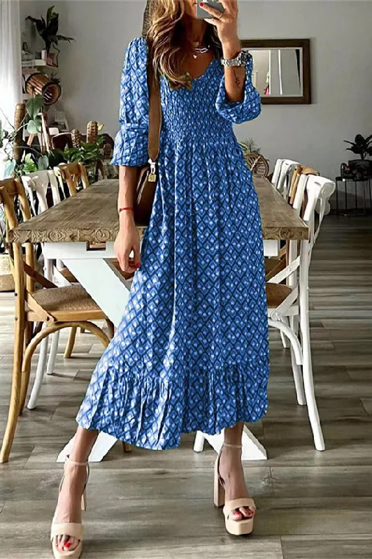 Kennan Ethnic Print Smocked Bust Long Sleeve Relaxed Midi Dress Fashionable One-Shoulder Midi Dress Kennan Ethnic Print Smocked Bust Long Sleeve Relaxed Midi Dress Fashionable One-Shoulder Midi Dress