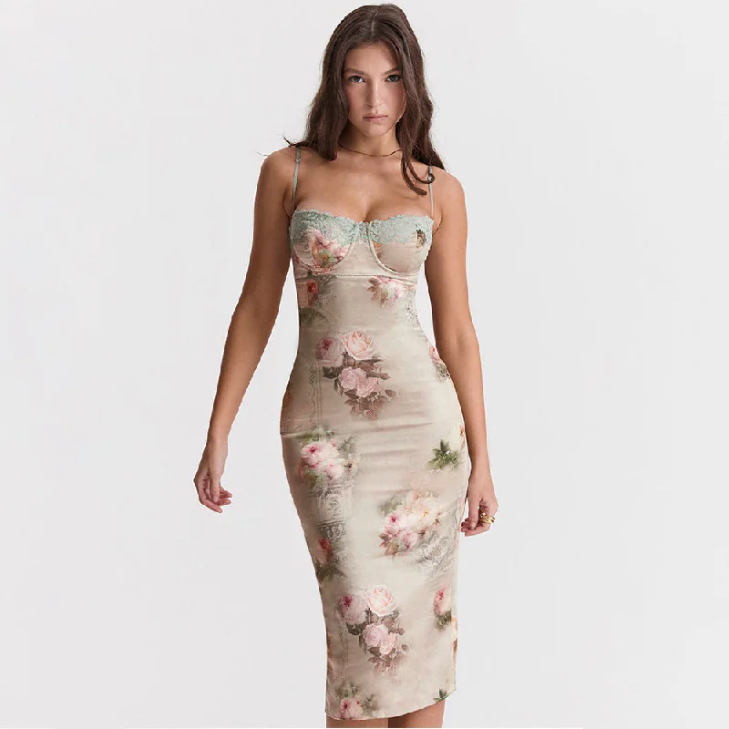 Kimberly Spaghetti Strap Lace Print Midi Dress Trendy Flared Sleeve Midi Dress