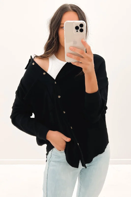 Kippa Shirt Black Fashionable Button-Front Short Sleeve
