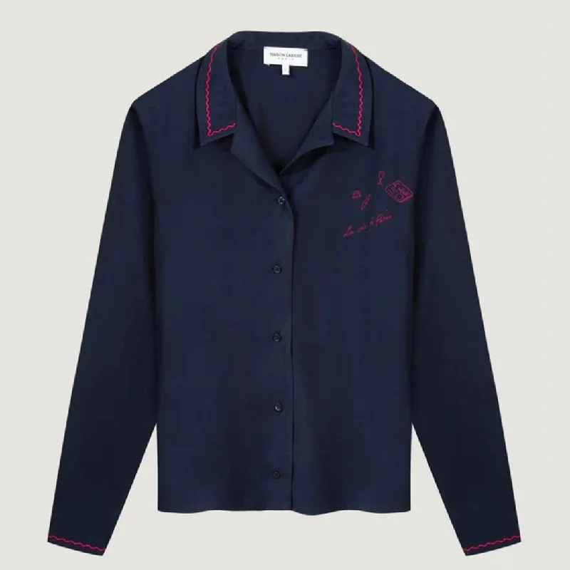 "La Vie A Paris" Souchier Paris Shirt (Dark Navy) Soft Silk Short Sleeve