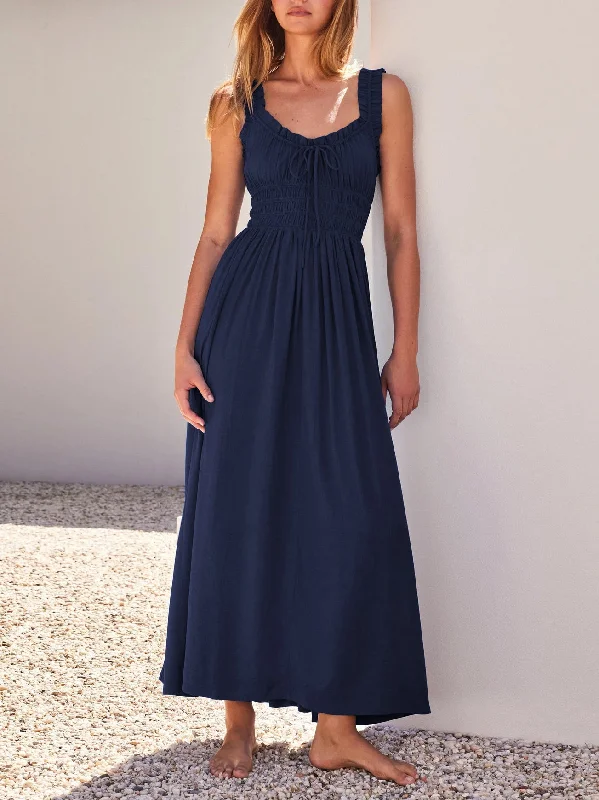 Lace Strap Drawstring Maxi Dress Trendy Off-Shoulder Ruffle Maxi Dress