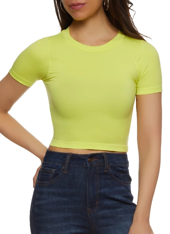 Seamless Crew Neck Cropped T Shirt Cozy Linen Short Shirt